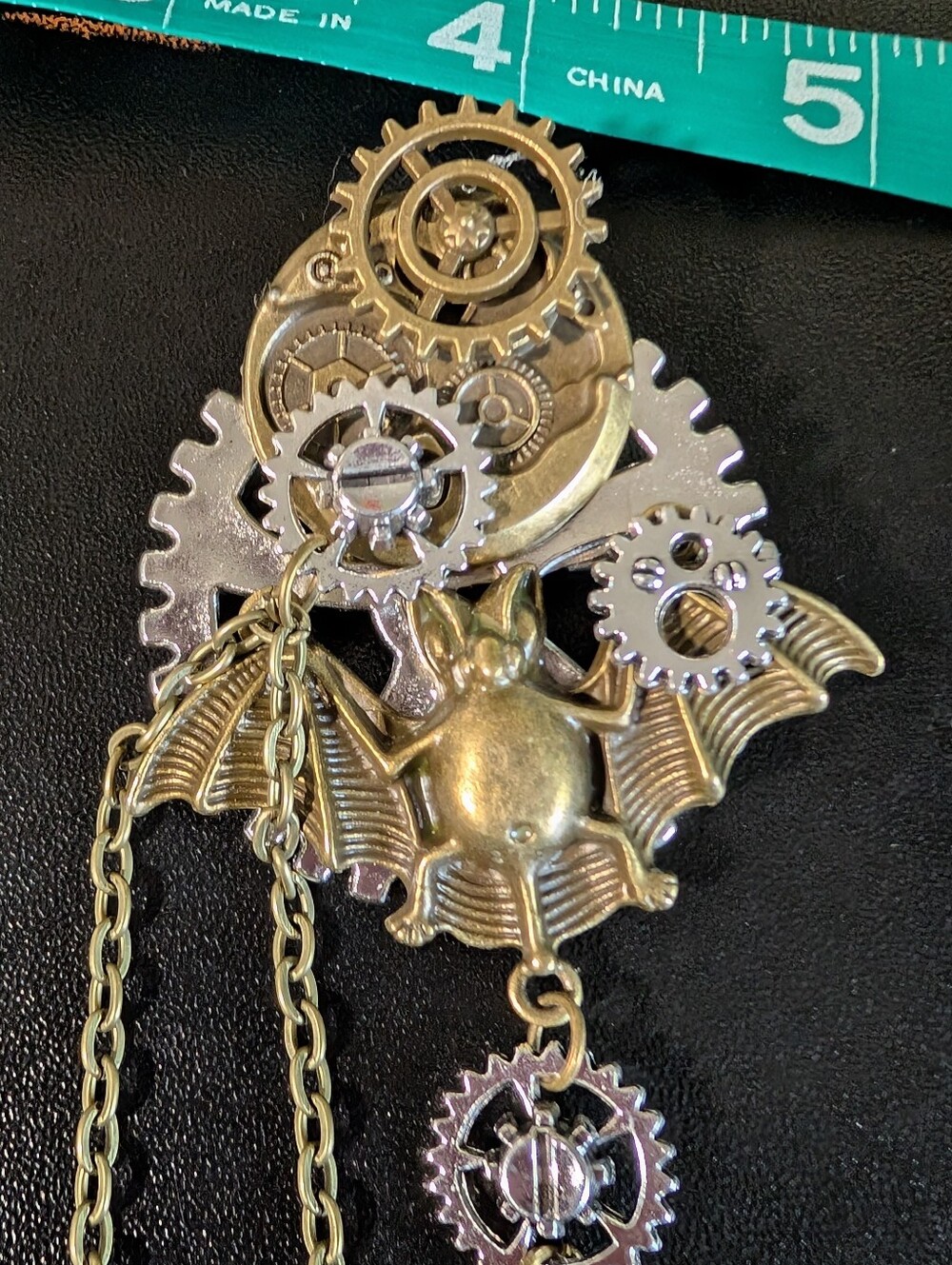 Steampunk Bat Brooch Gold Silver Tone Gears Chains Gothic Statement Pin
